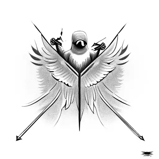 bird, with spread wings and open angry eyes and mouth, shoted with two arrows. he broke one of the arrow.  tattoo design idea