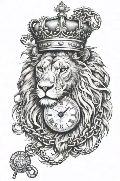 Lion with a crown and a chain with the date 03.09.2002. A pocketwatch for his right eye that shows the time 4:21  tattoo design idea