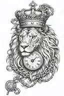 Lion with a crown and a chain with the date 03.09.2002. A pocketwatch for his right eye that shows the time 4:21  tattoo design idea