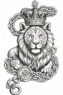 Lion with a crown and a chain with the date 03.09.2002. A pocketwatch for his right eye that shows the time 4:21  tattoo design idea