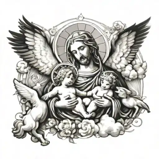 A heavenly scene with angels surrounding Jesus stripped and the Virgin of Hope of Seville tattoo design idea