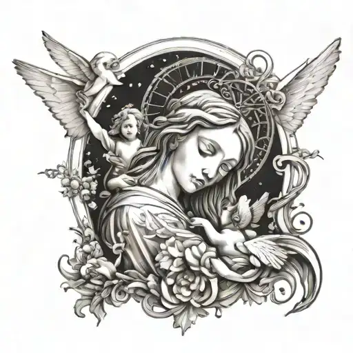 A heavenly scene with angels surrounding Jesus stripped and the Virgin of Hope of Seville tattoo design idea