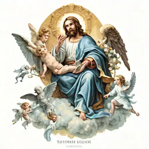 A heavenly scene with angels surrounding Jesus stripped and the Virgin of Hope of Seville tattoo design idea