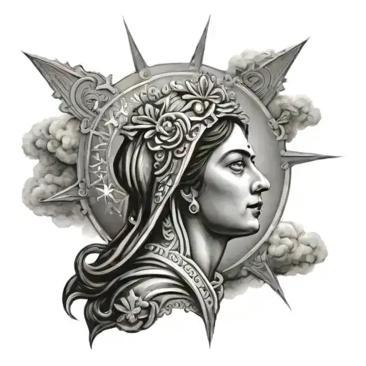 A black-grey portrait of la virgen de la esperanza de sevilla with a halo of stars and clouds tattoo design idea