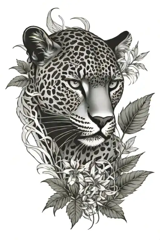 black jaguar surrounded by weed leaf intertwined tattoo design idea
