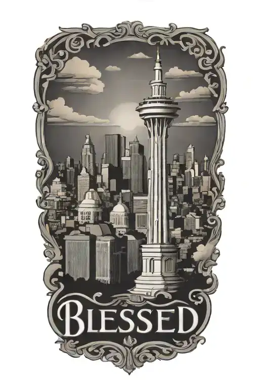Design a tattoo featuring the word "blessed" and the skyline of Austin, Texas in the background tattoo design idea