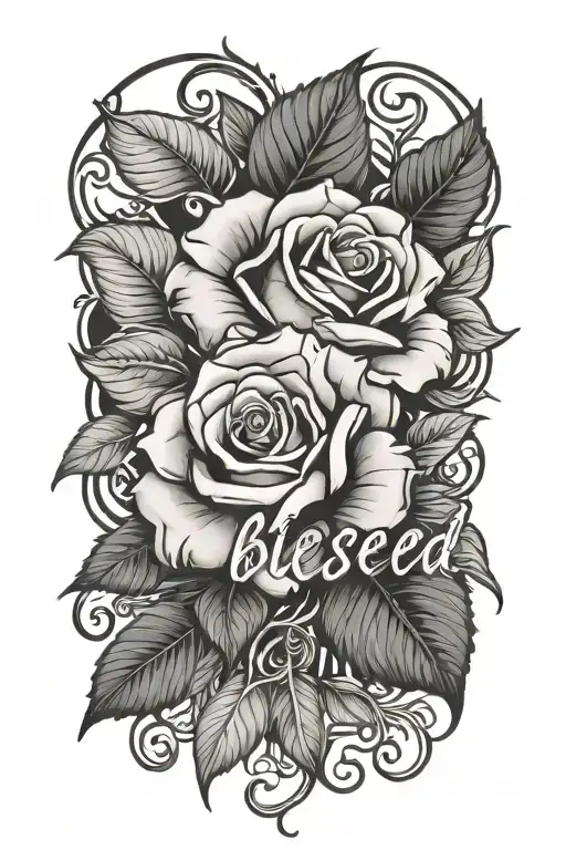 Design a tattoo featuring the word "blessed" with rose and leaves tattoo design idea