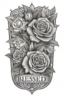 Design a tattoo featuring the word "blessed" with rose and leaves tattoo design idea