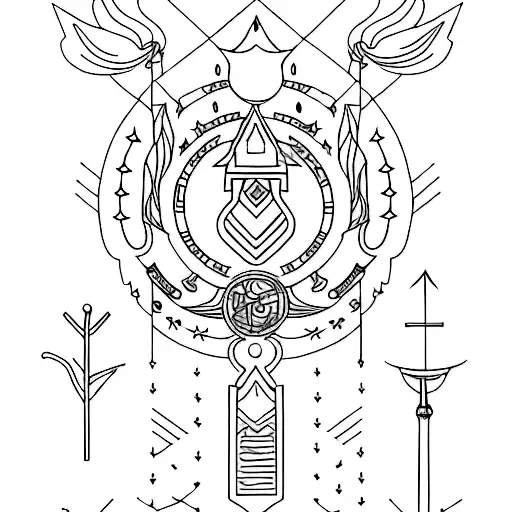 A minimalist tattoo combining elements of Minerva's shield, spear, olive tree, and animals associated with her tattoo design idea