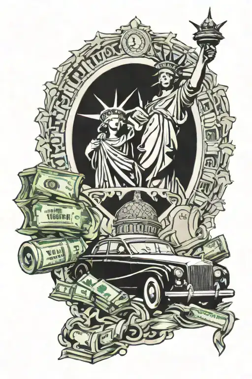 Statue of Liberty, Rolls Royce, money, Rolex tattoo design idea