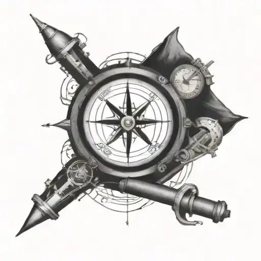 A blackwork tattoo of a compass intertwined with musical instruments, symbolizing a passion for travel and alternative music tattoo design idea