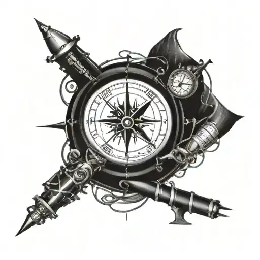 A blackwork tattoo of a compass intertwined with musical instruments, symbolizing a passion for travel and alternative music tattoo design idea