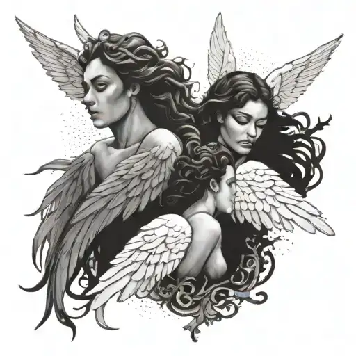 Tattoo representing three friends, two of which sre angels  tattoo design idea