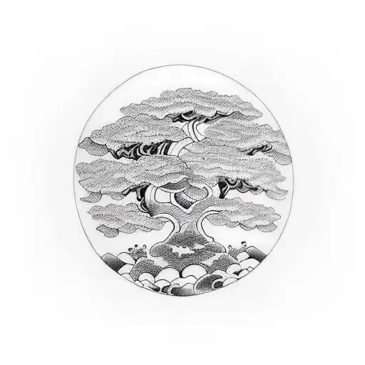 In ying yang add 1 coconut tree in 1 side and 1 Guava tree in other side tattoo design idea