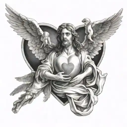 god holding a heart with angels flying tattoo design idea