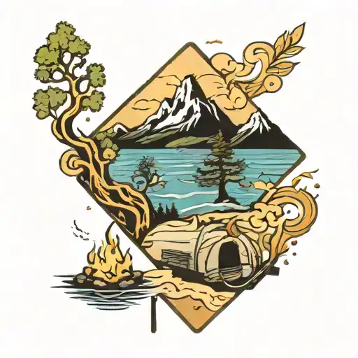 Mountains, trees, campfire, ocean waves,  'Life is a highway', 'Mum and Dad', '29/04/2020'  tattoo design idea