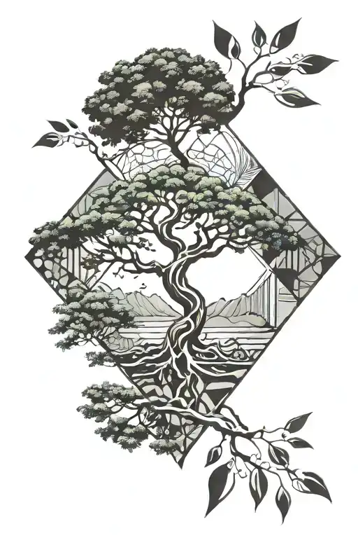 Generate a half sleeve tattoo that incorporates the following: acacia tree and at its base its roots connect to an outli tattoo design idea