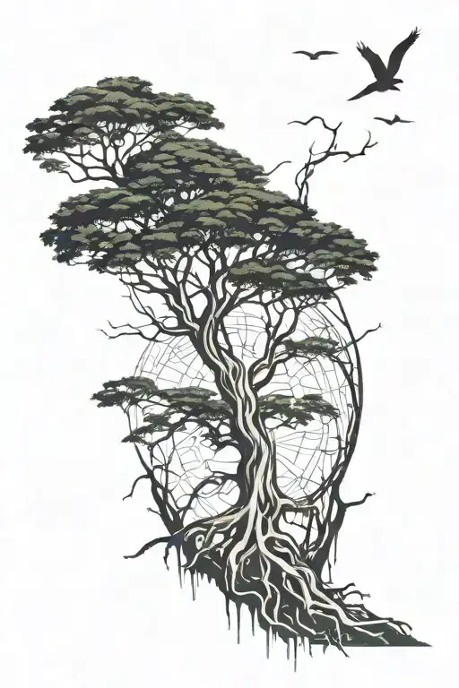 Half sleeve tattoo acacia tree with roots connected to Zimbabwe outline. Space on branches for names to go in tattoo design idea