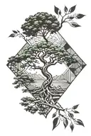 Generate a half sleeve tattoo that incorporates the following: acacia tree and at its base its roots connect to an outli tattoo design idea