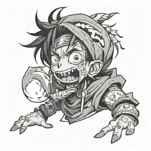 A whimsical anime character with exaggerated features and crazy expressions tattoo design idea