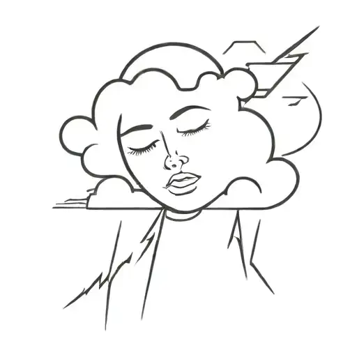 sleeping face with clouds and lightning bolts tattoo design idea