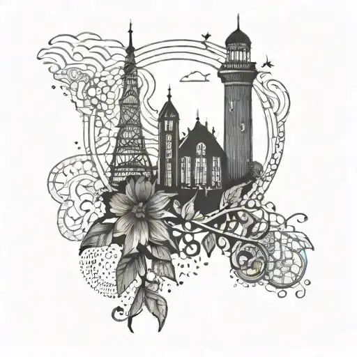 Create a design featuring iconic landmarks of Ruhrgebiet, Cuxhaven, and Bremen intertwined with elements of insurance and beverage industry to represent your occupation and favorite places tattoo design idea