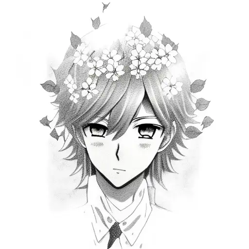 A realistic portrait of a popular anime character with cherry blossoms falling around them tattoo design idea