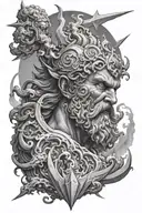 Hyperrealistic volcano eruption and Neptune god with trident tattoo design idea
