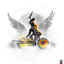 A fierce female warrior riding a motorcycle through a fiery battlefield, with a raven perched on her shoulder and a skull emblem on her jacket. tattoo design idea