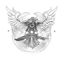A fierce female warrior riding a motorcycle through a fiery battlefield, with a raven perched on her shoulder and a skull emblem on her jacket. tattoo design idea