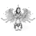 A fierce female warrior riding a motorcycle through a fiery battlefield, with a raven perched on her shoulder and a skull emblem on her jacket. tattoo design idea