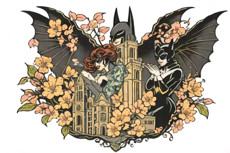 Wealth tower, cherry blossom tree, Batman and catwoman kissing, peregrine falcon and hapiness  tattoo design idea