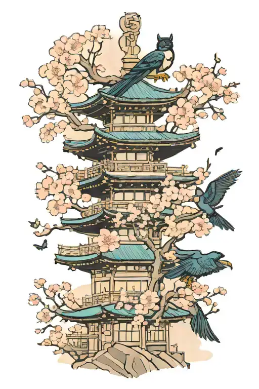 Japanese Wealth tower andcherry blossom tree, Batman and catwoman kissing, peregrine falcon and hapiness  tattoo design idea