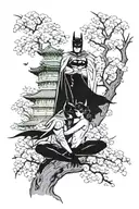 Japanese Wealth tower andcherry blossom tree, Batman and catwoman in romantic kissing, peregrine falcon and hapiness  tattoo design idea