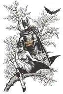 Japanese Wealth tower andcherry blossom tree, Batman and catwoman in romantic kissing, peregrine falcon and hapiness  tattoo design idea