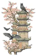 Japanese Wealth tower andcherry blossom tree, Batman and catwoman kissing, peregrine falcon and hapiness  tattoo design idea
