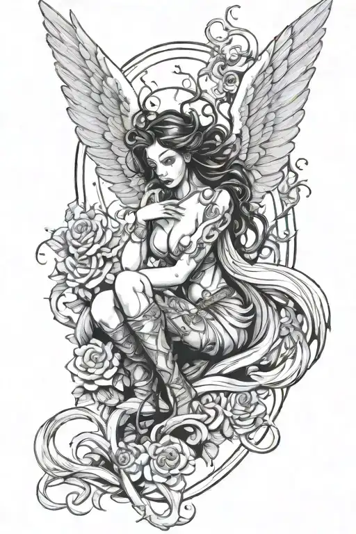 BDSM inspired design incorporating female angel half demon tattoo design idea