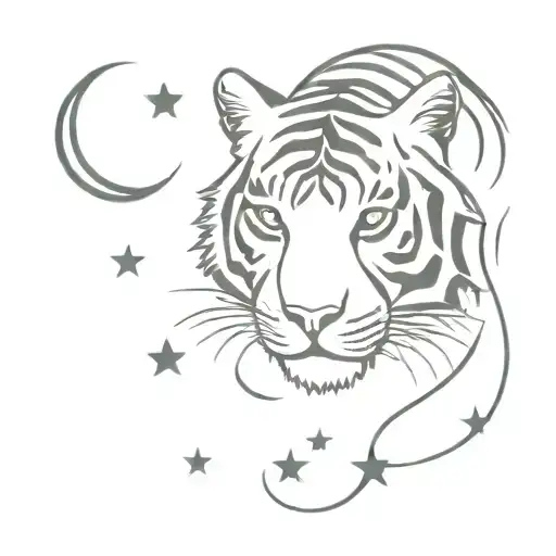 Tiger with Stars and moon tattoo design idea