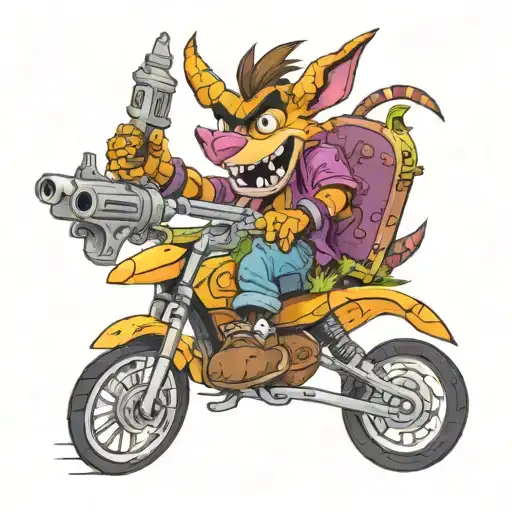 crash bandicoot riding spyro the dragon while holding a gun tattoo design idea