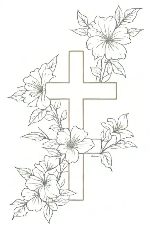 cross with July, May, January, April,June birth flowers tattoo design idea