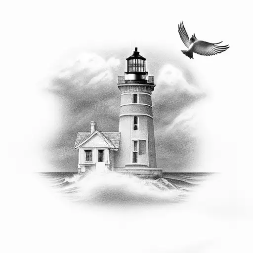 light house with dove flying tattoo design idea