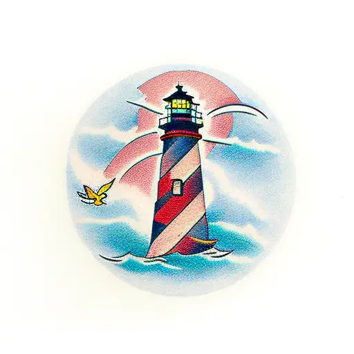 light house with dove flying tattoo design idea