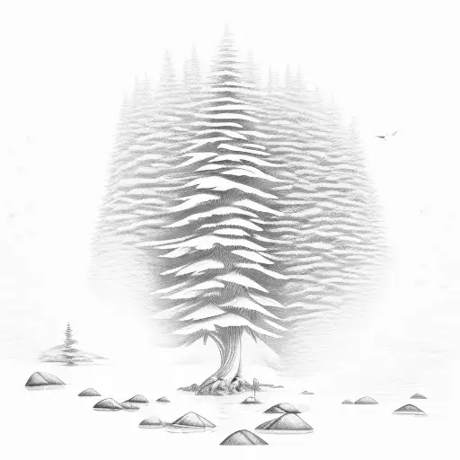 A serene forest scene with a river flowing through it tattoo design idea