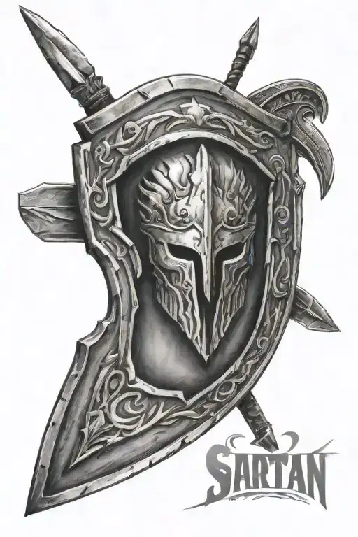 spartan shield with a spear going through it with some spartan detail tattoo design idea