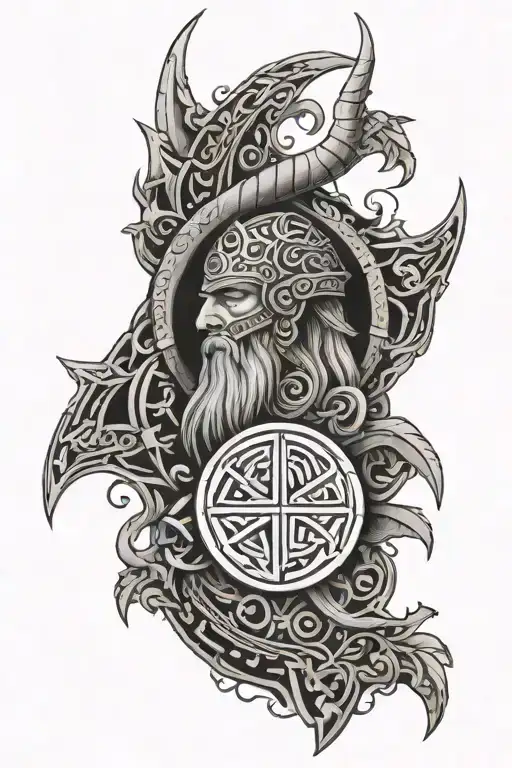 Valhalla symbol with intricate Norse god figure surrounded tattoo design idea