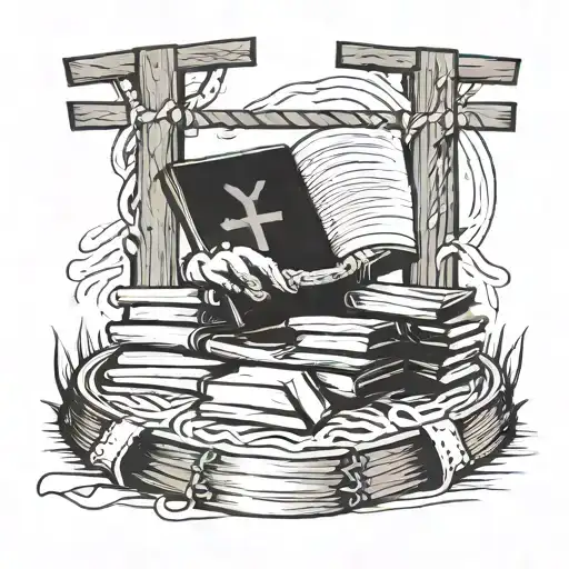 A wrestling ring with books as the ropes and a cross in the center, symbolizing the client's love for wrestling, reading, and Christ tattoo design idea