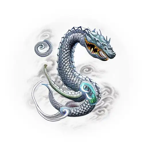 Jörmungandr, the giant sea serpent from Norse mythology, coiled around a gaming controller tattoo design idea