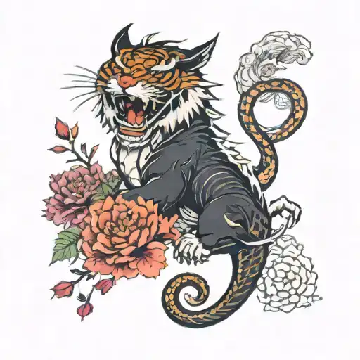 Dragon with horns and angry tiger with floral background tattoo design idea