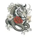 Dragon with horns and angry tiger with floral background tattoo design idea