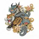 Dragon with horns and angry tiger with floral background tattoo design idea